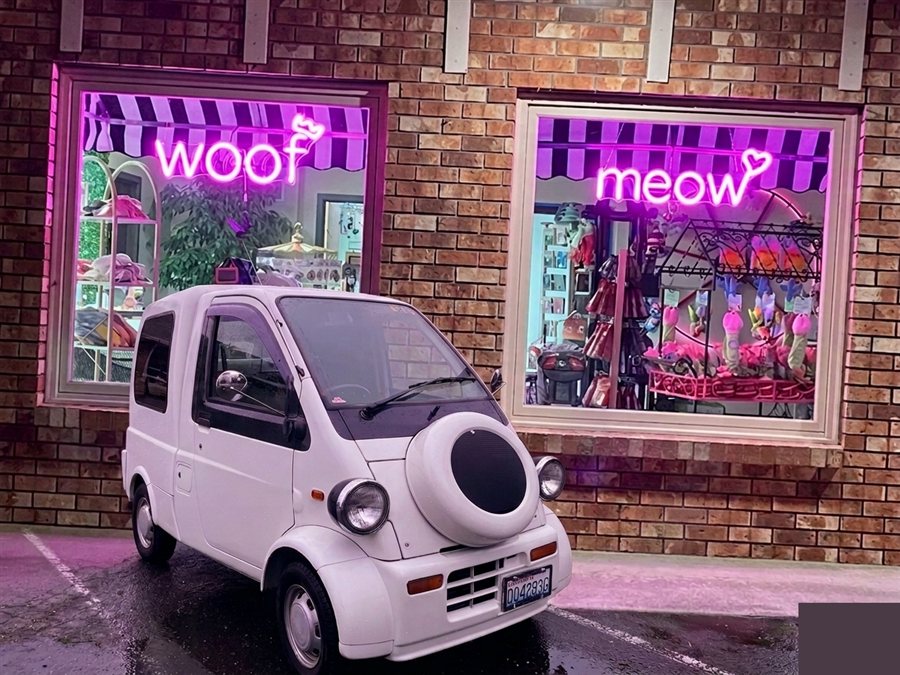 The La Conner Pets Pup-Mobile parked in front of the store with woof and meow neon signs